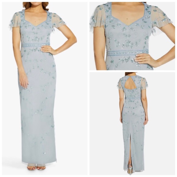 Adrianna Papell Blue Heather Floral Filigree Beaded Fitted Long Sleeves Dress